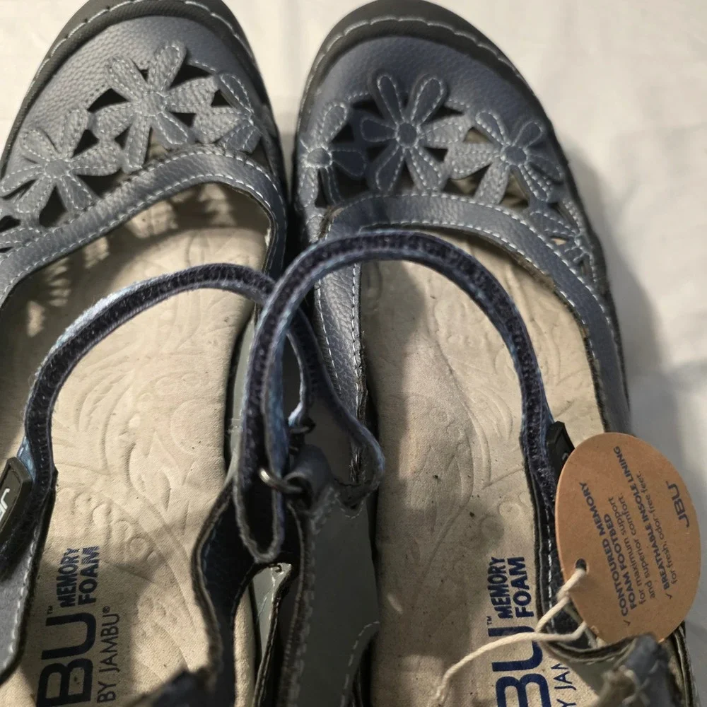 JBU by Jambu Comfort Shoes Womens Navy Mary Jane Flats Floral Cutout Memory Foam